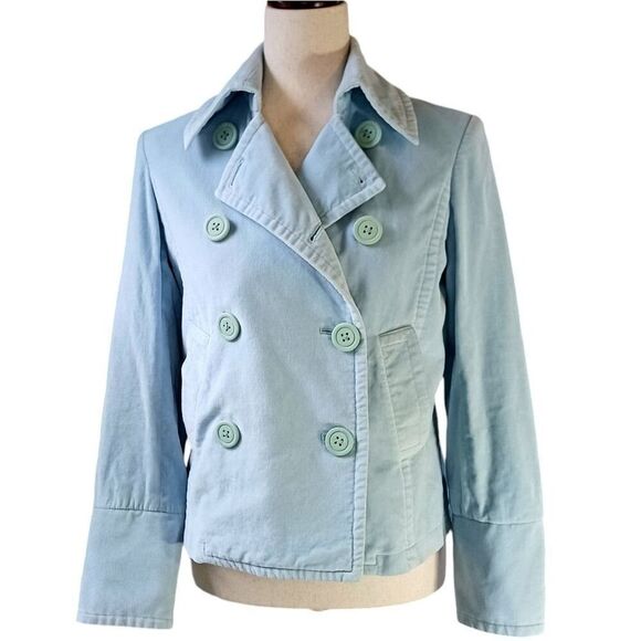 MODA INTERNATIONAL Velvet Jacket Double Breasted Pastel Blue Cropped Size XS - Picture 1 of 11